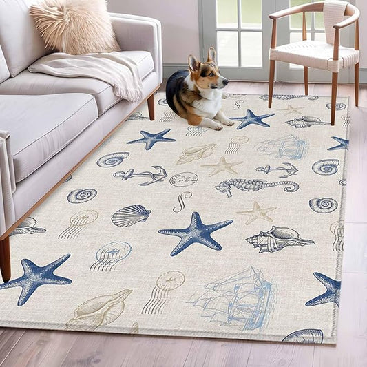 Area Rug 4x6ft, Coastal Seahorse Starfish Shell Conch Washable Rugs for Living Room Bedroom, Vintage Nautical Anchor Soft Non-Slip Area Rugs Rectangle Floor Carpet for Dining Room
