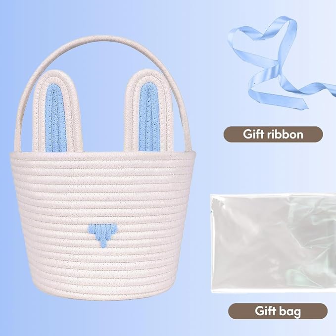 Poschnor Large Easter Basket with Gift Bags and Ribbons, Easter Bunny Basket for Kids, Woven Cotton Rope Basket for gifting, Blue/White