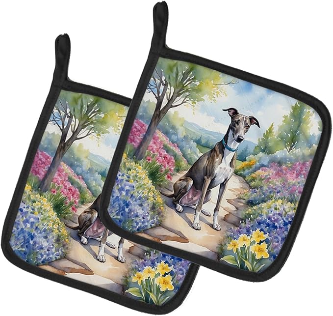 Caroline's Treasures Greyhound Spring Path Pair of Pot Holders Kitchen Heat Resistant Pot Holders Sets Oven Hot Pads for Cooking Baking BBQ, 7 1/2 x 7 1/2