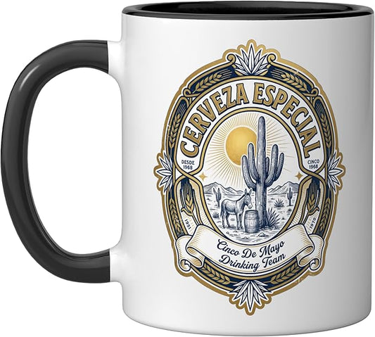 Beer Label Cerveza Cinco De Mayo Drinking Team Ceramic Mug, Black/White