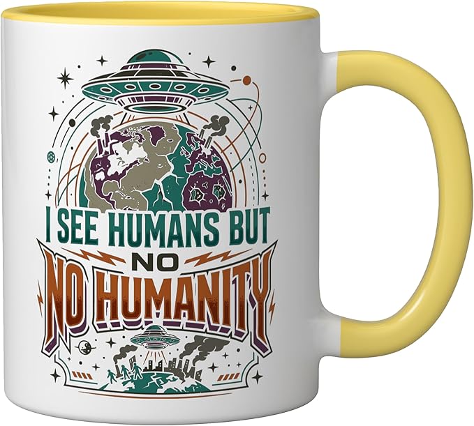 Aliens UFO Extraterrestrial Space Flying Saucer No Humanity Ceramic Mug, Yellow/White