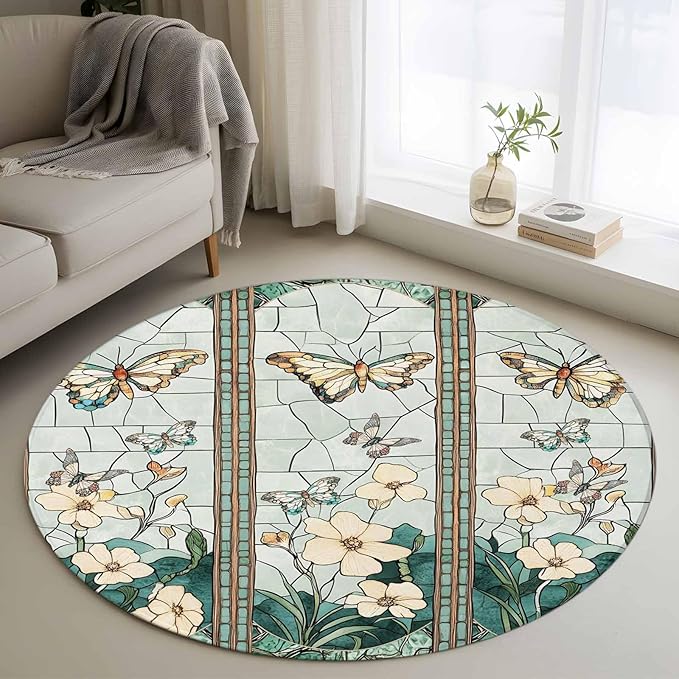 Washable Round Area Rug Spring Flower Colorful Butterfly Circle Rugs Floor Carpet for Living Room Bedroom, Vintage Green Plant Soft Non Slip Round Rug 4ft