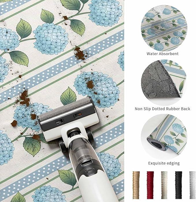 Washable Round Area Rug Spring Blue Flower Hydrangea Leaf Circle Rugs Floor Carpet for Living Room Bedroom, Floral Stripes on Linen Soft Non Slip Round Rug 3ft