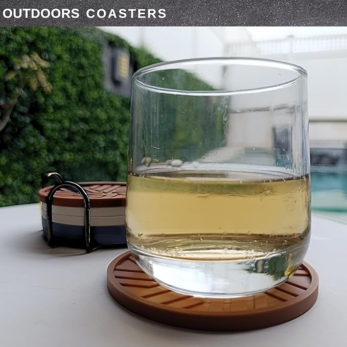 Silicone Coasters for Drinks -Set of 6 - with smart, Modern, Groove Patterns & Gold Holder - Protection Your Vintage Coffee Table from Condensation Cups, Home Office Decor