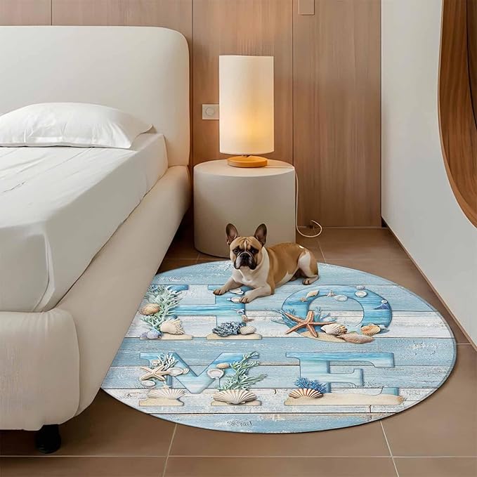 Washable Round Area Rug Summer Ocean Beach Shell Home Quote Circle Rugs Floor Carpet for Living Room Bedroom, Farm Blue Wood Board Soft Non Slip Round Rug 5ft