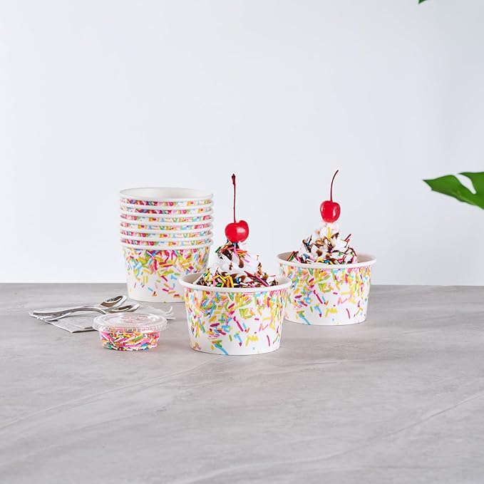 Coppetta 8 Ounce Dessert Cups, 200 Greaseproof Ice Cream Cups - Lids Sold Separately, For Hot And Cold Foods, White Paper Yogurt Bowls, Party Sprinkle Design, Disposable, Sturdy - Restaurantware