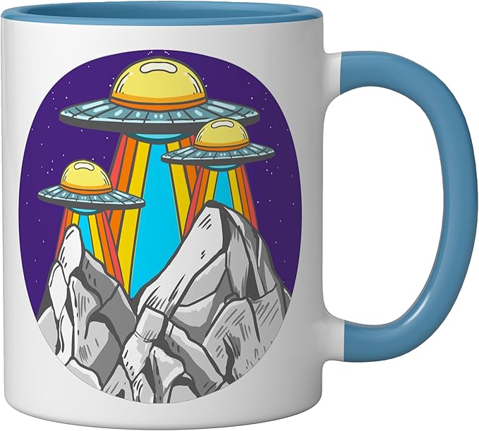 UFO Mountains Retro Spaceship Alien ET Space Galaxy Gift Ceramic Mug, Blue/White