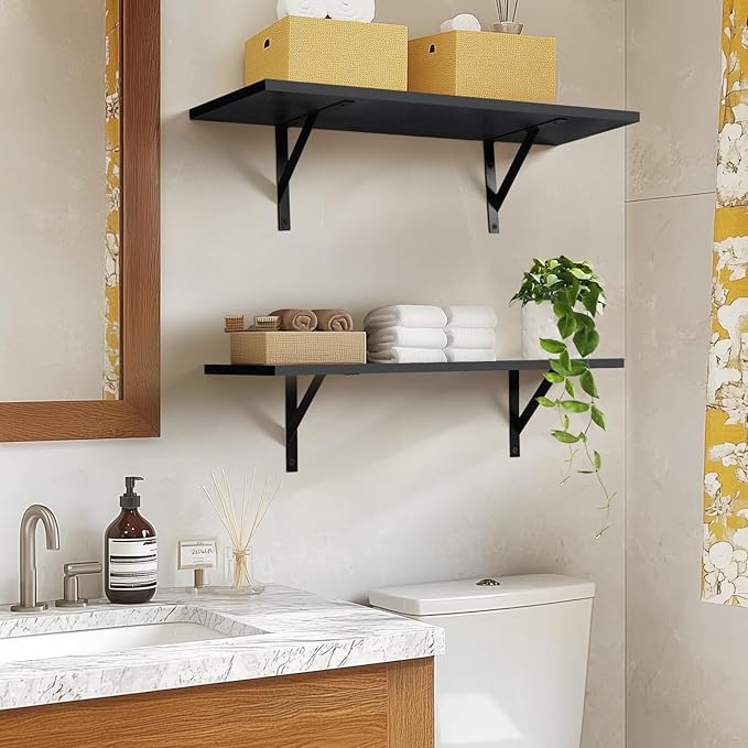 Tectocker-DOU Heavy Duty Long Wall Shelves Set of 2, Floating Shelves Wall Mounted with Industrial Brackets, 40lbs Capacity Shelves for Laundry Room, Kitchen, Bathroom, Living Room (24"*8",Black)