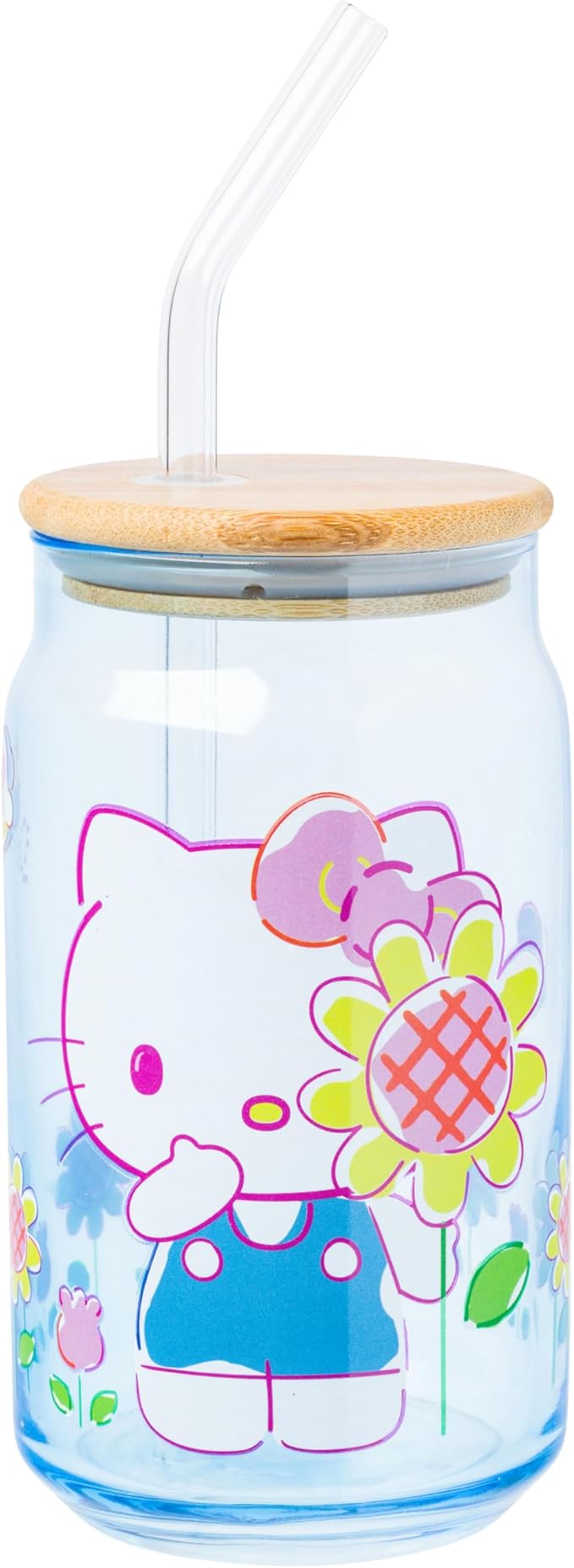 Silver Buffalo Sanrio Hello Kitty Floral Glass Tumbler with Bamboo Lid and Glass Straw, 16 Ounces