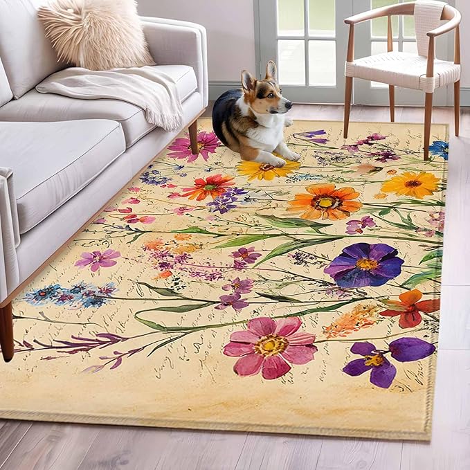 Area Rug 3x5ft, Farmhouse Colorful Small Flower Washable Rugs for Living Room Bedroom, Retro Backdrop Seamless Soft Non-Slip Area Rugs Rectangle Floor Carpet for Dining Room