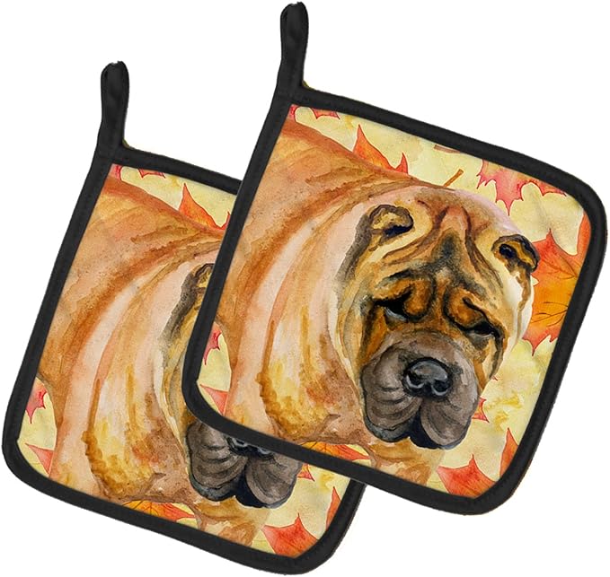 Caroline's Treasures BB9922PTHD Shar Pei Fall Pair of Pot Holders, Yellow Kitchen Heat Resistant Pot Holders Sets Oven Hot Pads for Cooking Baking BBQ, 7 1/2 x 7 1/2
