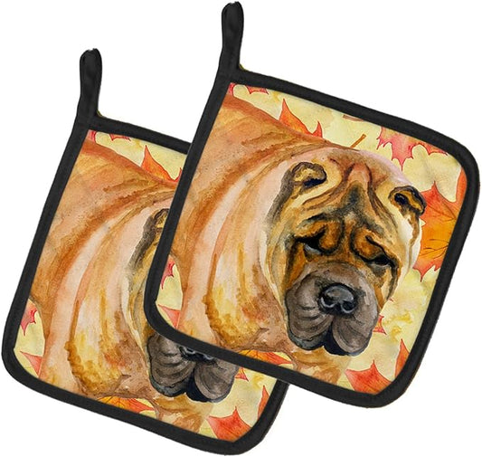 Caroline's Treasures BB9922PTHD Shar Pei Fall Pair of Pot Holders, Yellow Kitchen Heat Resistant Pot Holders Sets Oven Hot Pads for Cooking Baking BBQ, 7 1/2 x 7 1/2