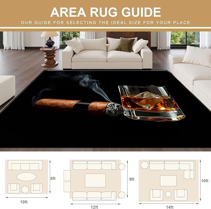 10x14 Area Rugs for Bedroom Boho Washable Man Cave Rug for Living Room Cigar Whiskey Ice Cubes Glass Black Soft Rubber Backed Non-Slip Large Carpets for Boys