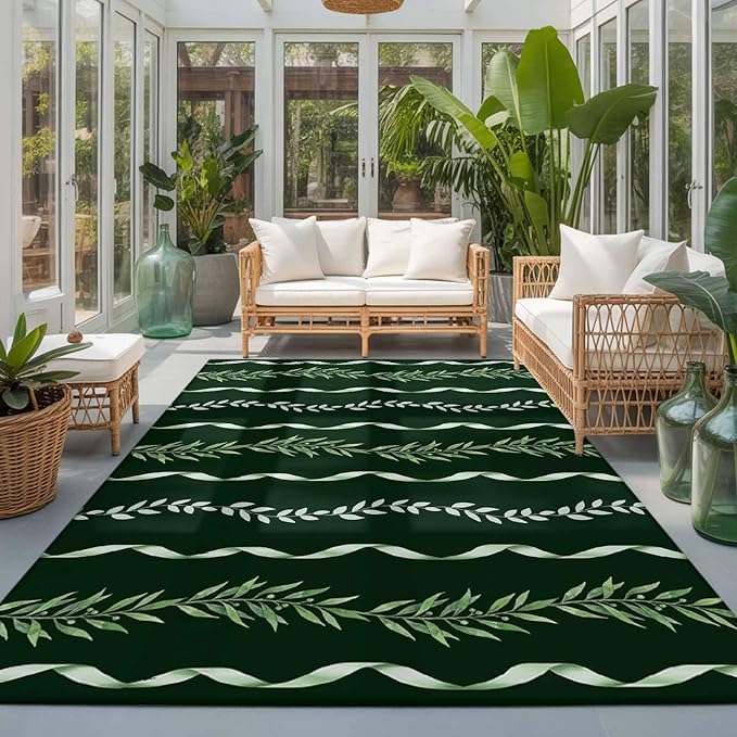 Area Rug 3x5ft, Botanical Leaves Green Ribbons Washable Rugs for Living Room Bedroom, Summer Foliage Plant Soft Non-Slip Area Rugs Rectangle Floor Carpet for Dining Room