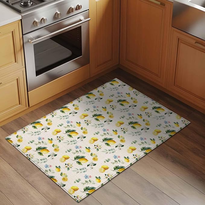 Area Rug 2x3ft, Country Lemon Flower Leaf Washable Rugs for Living Room Bedroom, Pastoral Fruit Plant Vintage Linen Soft Non-Slip Area Rugs Rectangle Floor Carpet for Dining Room