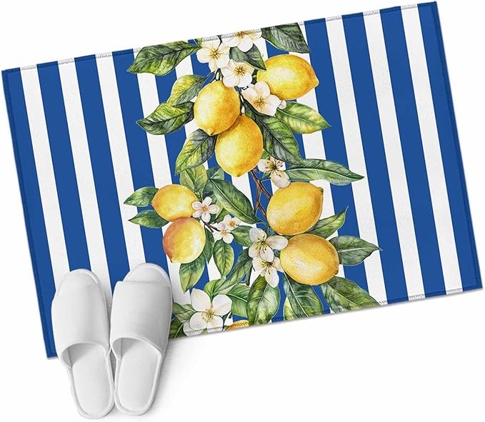 Area Rug 2x3ft, Summer Lemon Green Leaves Watercolor Washable Rugs for Living Room Bedroom, Blue Stripe Soft Non-Slip Area Rugs Rectangle Floor Carpet for Dining Room