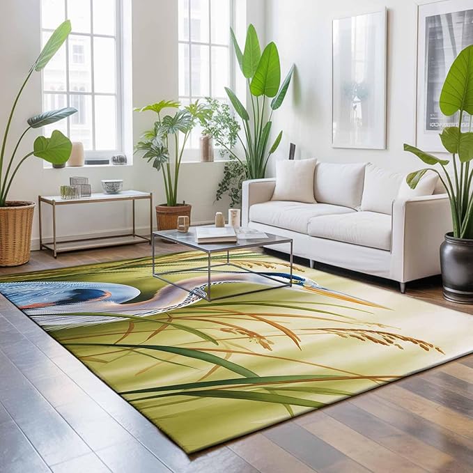 Area Rug 8x10ft, Natural Bird Wetland Landscape Washable Rugs for Living Room Bedroom, Wild Heron Grass Soft Non-Slip Area Rugs Rectangle Floor Carpet for Dining Room