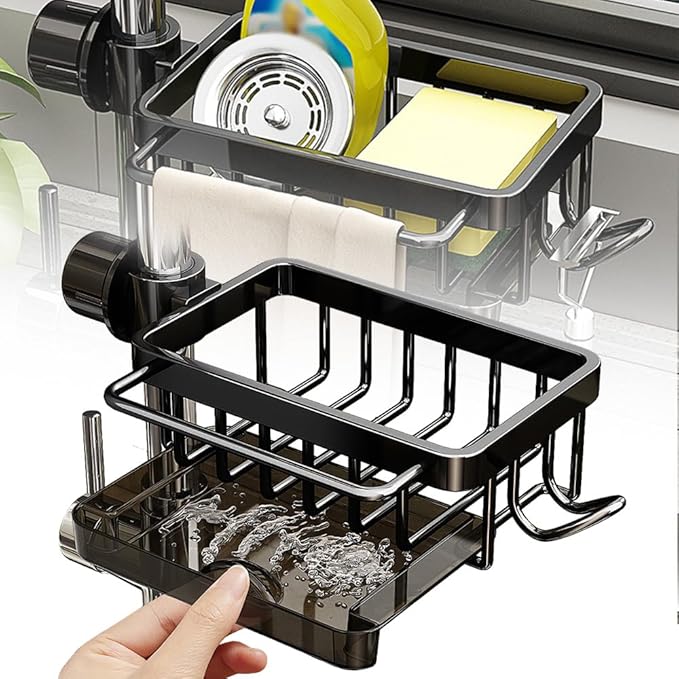 Kitchen Sink Faucet Organizer, 2024 Upgraded Dish Sponge Holder Over Faucet Kitchen Sink Caddy Organizer with Hook for Bathroom, Scrubbers, Soap, Work With 0.7-1.1inch Round Water Pipe (Black, Right)