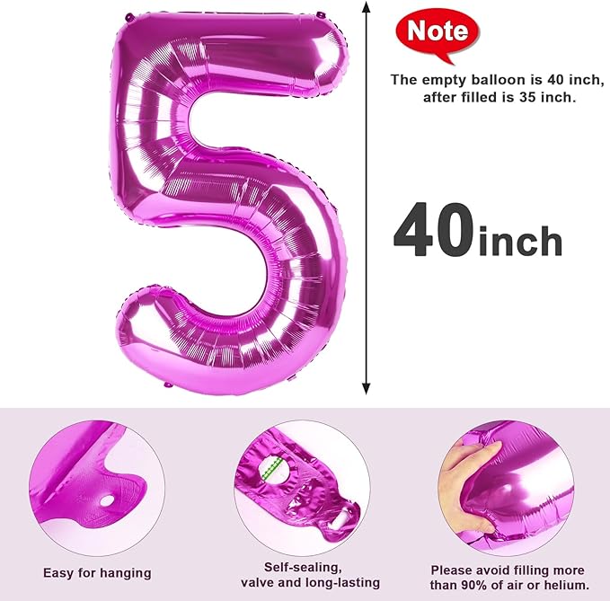 Balloon Numbers 40 Inch 5 Ballon for 5th Birthday Decorations, 15 25 35 50 Big Rose Purple Number Balloons for Wedding Photo Shoot Party Decor