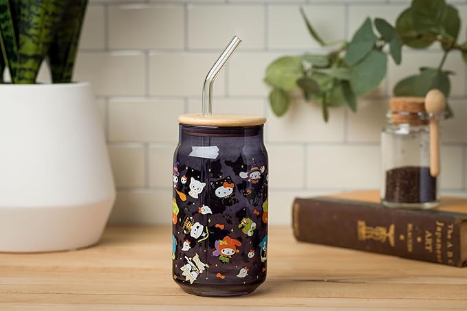 Silver Buffalo Sanrio Hello Kitty & Friends Halloween Kuromi, My Melody, Cinnamoroll, Chococat, Pompompurin, Keroppi, Tuxedo Sam, Badtz-Maru Glass Jar Tumbler w Bamboo Lid and Glass Straw, 16 Ounces