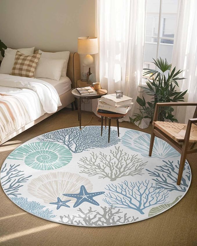 Round Area Rug,Blue Ocean Shells Coral Circle Living Room Rug Non-Slip Rugs Indoor Carpet,Conch Starfish Marine Life Soft Comfort Rugs for Bedroom Kids Room