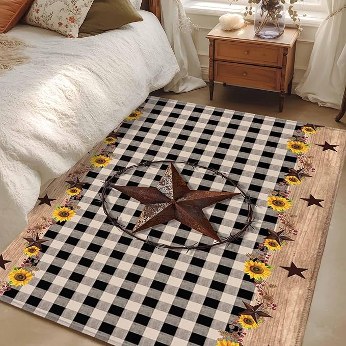 Area Rug 3x5ft, Western Star Farm Sunflower Washable Rugs for Living Room Bedroom, Vintage Wood Grain Black Buffalo Plaid Soft Non-Slip Area Rugs Rectangle Floor Carpet for Dining Room