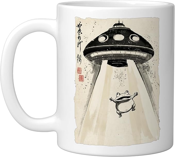 Ukiyo-e Style UFO Abducting Cute Frog Ink Art Painting Ceramic Mug, White