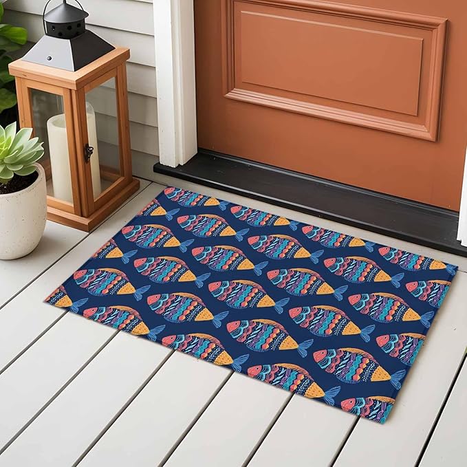 Area Rug 2x3ft, Ethnic Style Ocean Fish Washable Rugs for Living Room Bedroom, Watercolor Marine Life on Navy Blue Soft Non-Slip Area Rugs Rectangle Floor Carpet for Dining Room