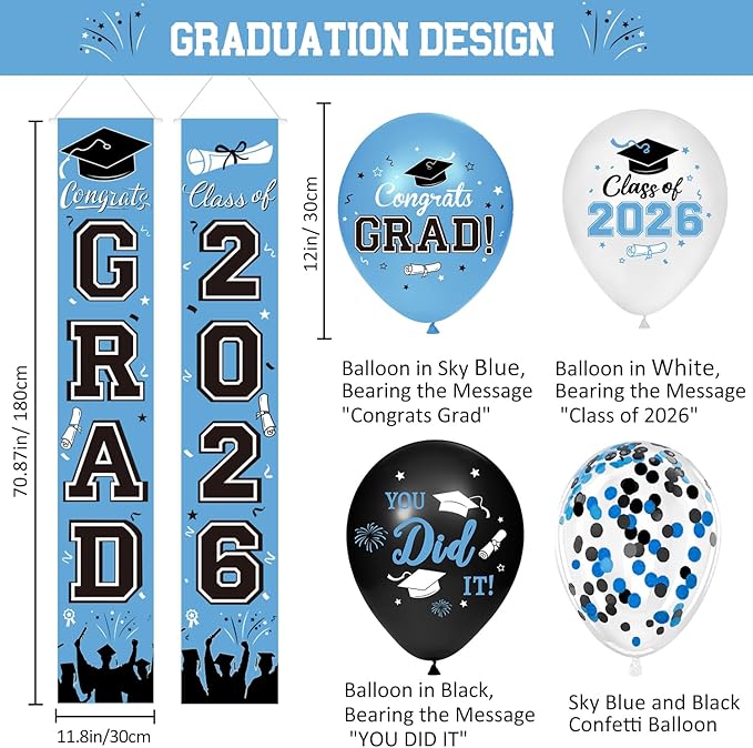 Graduation Decorations Class of 2026 Set - Sky Blue Themed Congrats Grad Banner & Backdrop, Hanging Swirls, Porch Sign, Balloons, Foil Number 2026 for High School & College Celebrations