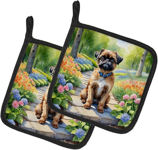 Caroline's Treasures Brussels Griffon Spring Path Pair of Pot Holders Kitchen Heat Resistant Pot Holders Sets Oven Hot Pads for Cooking Baking BBQ, 7 1/2 x 7 1/2