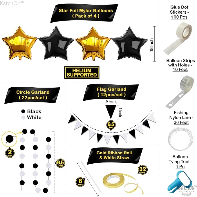 KatchOn, New Years Decorations 2026 Set - Huge, Pack of 85 | Black Gold Stars Balloon, Gold Fringe Curtain Backdrop, 2026 Balloons | New Years Eve Party Supplies 2026, Next Years Birthday Party Decor