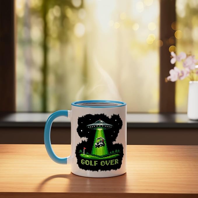 GOLF OVER Retro Funny Pixel Art UFO Abducting Golf-Cart Ceramic Mug, Blue/White