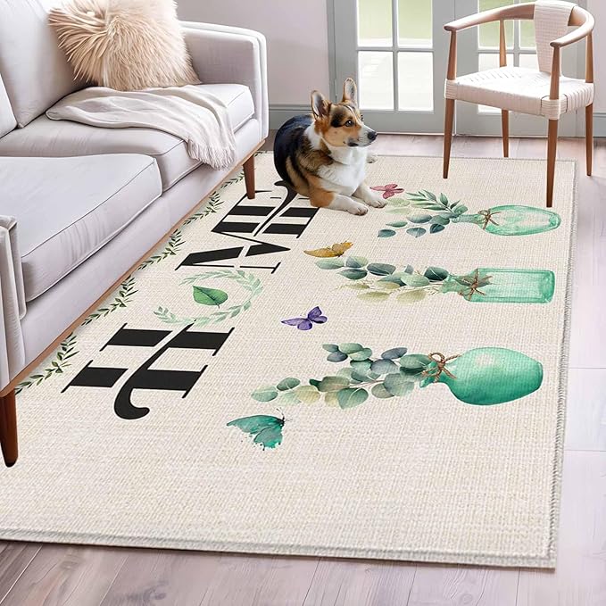 Area Rug 4x6ft, Rustic Home Text Eucalyptus Leaf Washable Rugs for Living Room Bedroom, Farmhouse Butterfly Retro Linen Soft Non-Slip Area Rugs Rectangle Floor Carpet for Dining Room