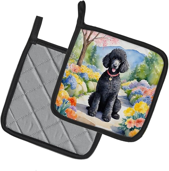 Caroline's Treasures Black Poodle Spring Path Pair of Pot Holders Kitchen Heat Resistant Pot Holders Sets Oven Hot Pads for Cooking Baking BBQ, 7 1/2 x 7 1/2