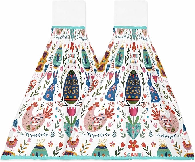 Alandar Home Kitchen Tie Towel Set of 2, Bohemian Ethnic Easter Eggs Blossom Flowers Bunny Absorbent Soft Hand Towels for Bathroom Hanging Towels, Tribe Boho Fast Drying Cleaning Cloth with Loop