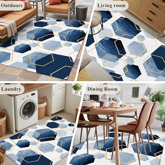 Area Rug 4x6ft, Watercolor Blue Hexagon Washable Rugs for Living Room Bedroom, Abstract Geometric Art Soft Non-Slip Area Rugs Rectangle Floor Carpet for Dining Room
