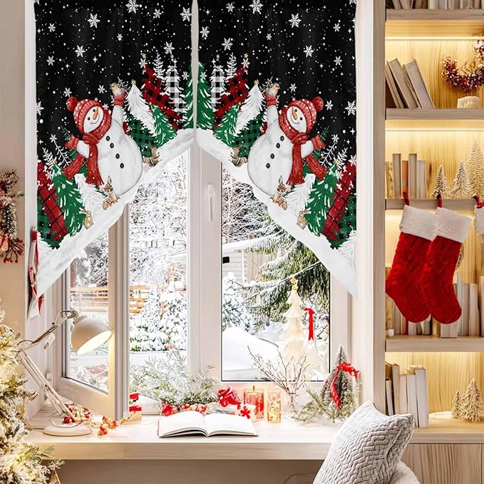 Christmas Snowman Swag Valance Curains Winter Xmas Tree Snowflakes Black Rod Pocket Kitchen Curtains Scalloped Window Treatment Valances Swag for Living Room Bedroom, 1 Pair, 36"W x 45"L