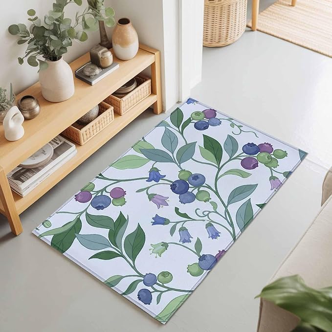 Area Rug 2x3ft, Blueberries Bell Flowers Washable Rugs for Living Room Bedroom, Modern Watercolor Plants Soft Non-Slip Area Rugs Rectangle Floor Carpet for Dining Room