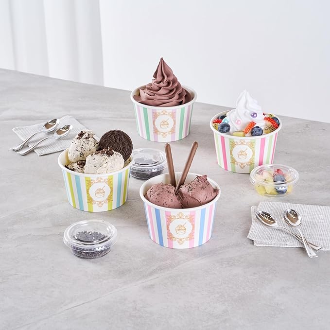 Restaurantware Paper Cups 200 Count 8 Ounce Square Disposable Ice Cream Containers, Leak-Resistant Paper Dessert To Go Cups, Hot And Cold Food, Durable Assorted Stripe Design