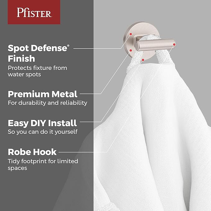 Pfister Capistrano Towel Hook, Bathroom Towel & Robe Hook, Wall-Mounted, Screw-in, Spot Defense Brushed Nickel Finish, BRHCSO0GS