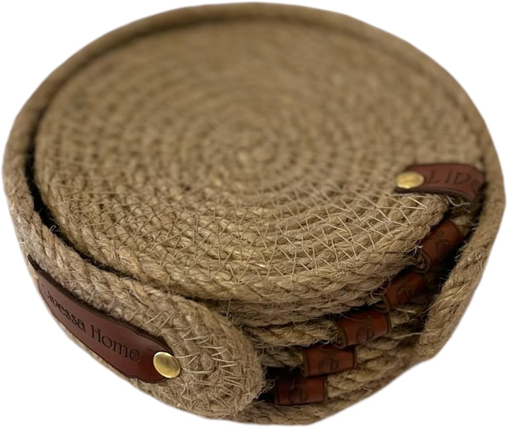 Handmade Jute Coaster Set with Basket – Natural 6-Piece Drink Coasters for Rustic Home Decor