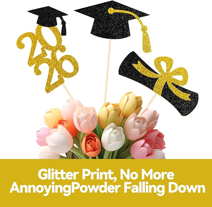 Graduation Decorations 2026, 16 PCS Gold and Black Double Sided Graduation Centerpieces Stick Glitter for Tables, Table Toppers Set for Class of 2026 Congrats Grad Party Supplies (Black)