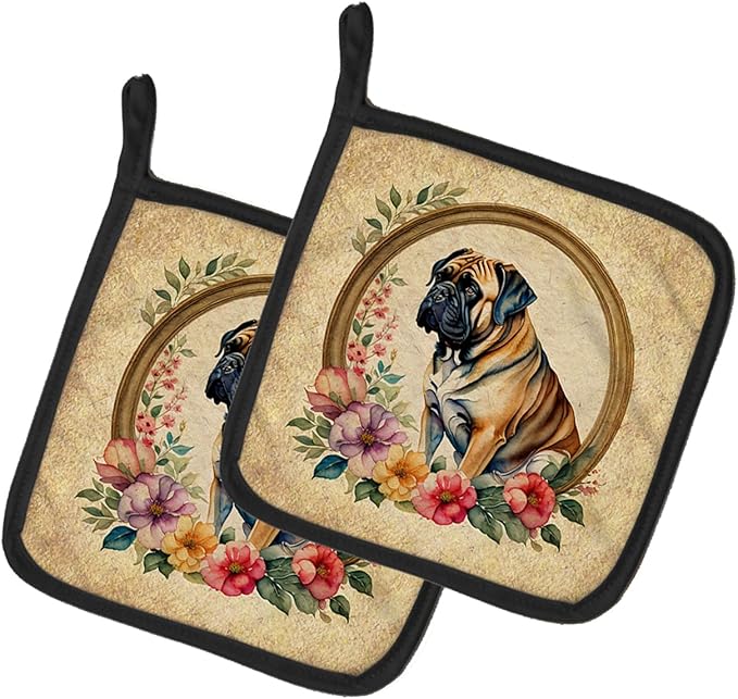 Caroline's Treasures Mastiff and Flowers Pair of Pot Holders Kitchen Heat Resistant Pot Holders Sets Oven Hot Pads for Cooking Baking BBQ, 7 1/2 x 7 1/2
