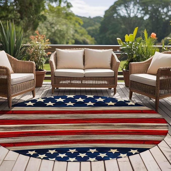 Washable Round Area Rug Vintage Stripes and Stars Circle Rugs Floor Carpet for Living Room Bedroom, Patriotic 250th Anniversary Soft Non Slip Round Rug 5ft