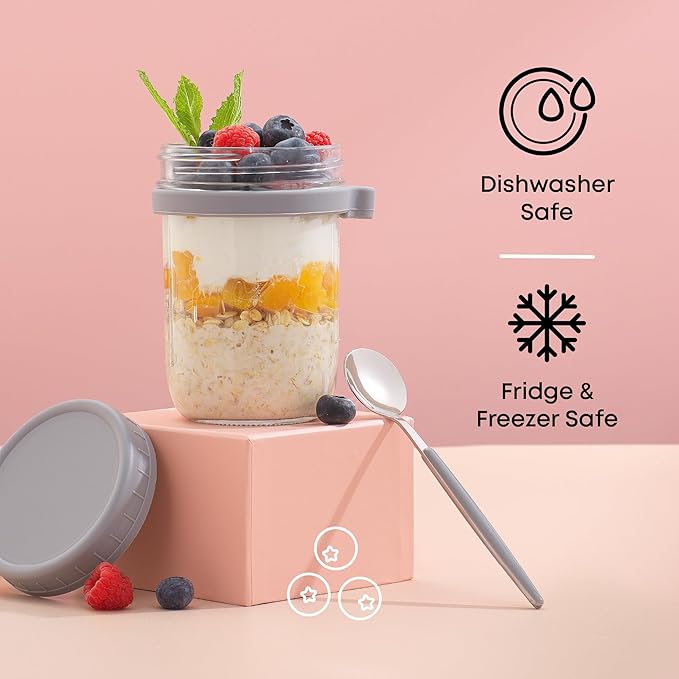 JoyJolt 3-Pack Overnight Oats Containers with Lids and Spoons Set, 16 oz Mason Jars for Overnight Oats, Chia Pudding Jars with Lids - BPA-Free, Leak Proof Small Containers for Meal Prep