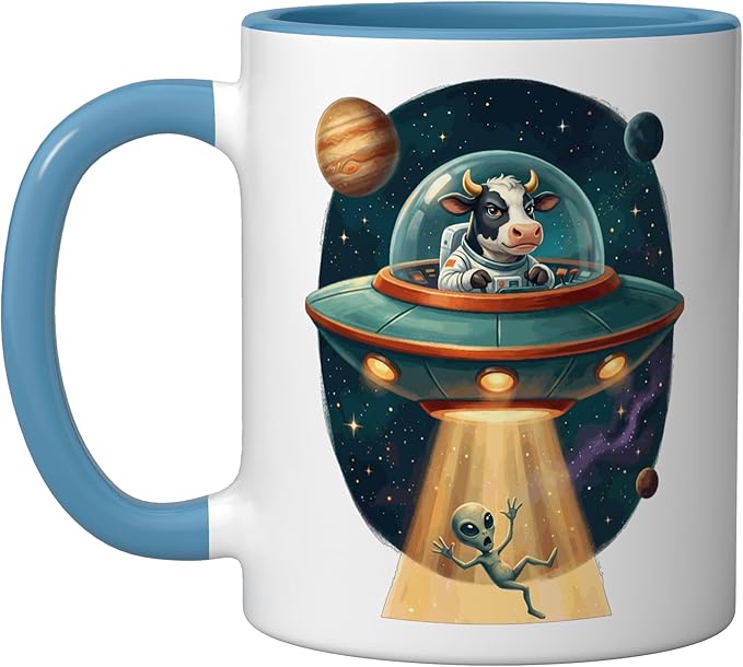 Funny Cow Astronaut UFO Abducting Alien Space Graphic Ceramic Mug, Blue/White