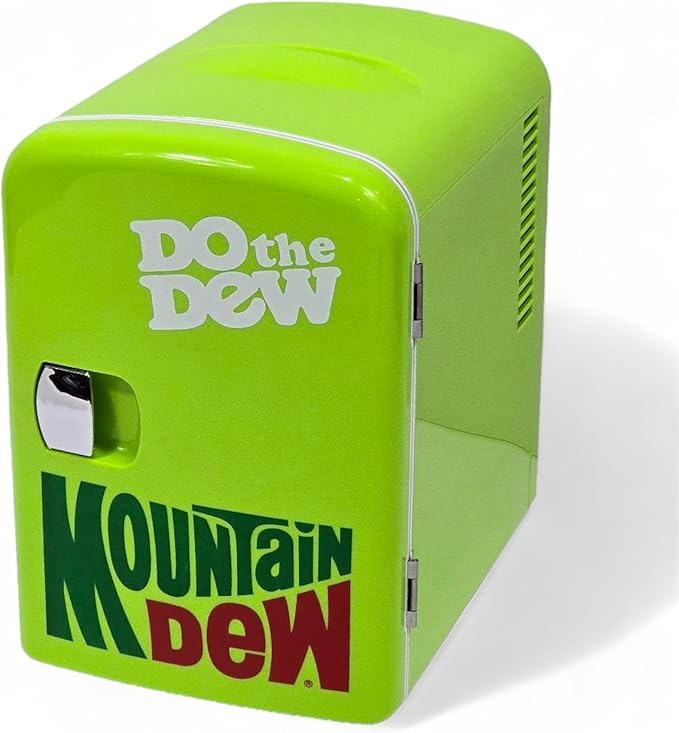 CURTIS Mountain Dew MIS134MD, Mini Portable Compact Personal Fridge Cooler, 4 Liter Capacity Chills Six 12 oz Cans, 100% Freon-Free & Eco Friendly, Lime