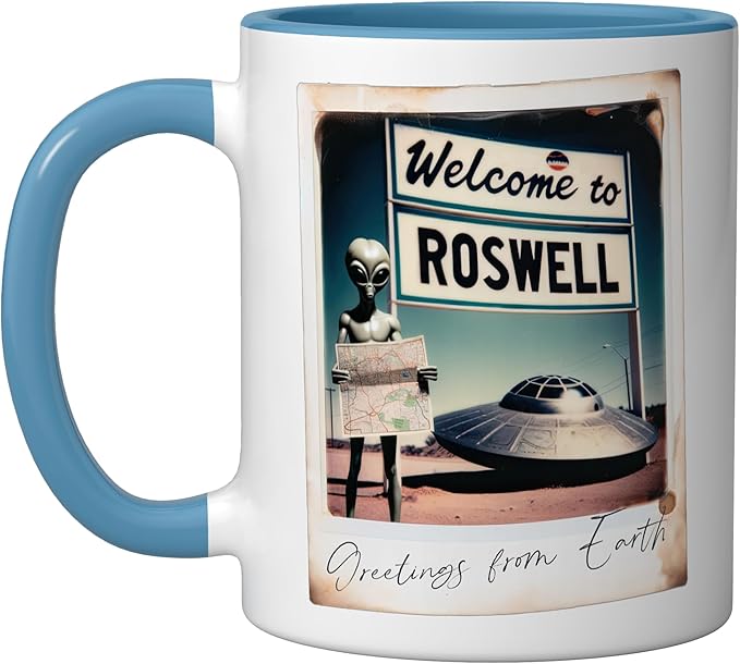 Vintage Alien UFO Crash At Roswell 1947 Photo Ceramic Mug, Blue/White