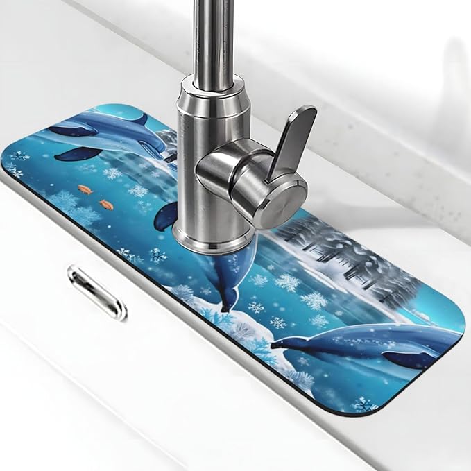 Winter the Dolphin Printed Faucet Absorbent mat, Suitable for bathrooms, Kitchens, and Other Sink Areas.