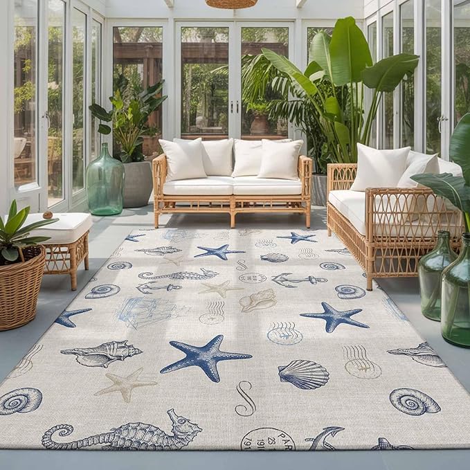 Area Rug 3x5ft, Coastal Seahorse Starfish Shell Conch Washable Rugs for Living Room Bedroom, Vintage Nautical Anchor Soft Non-Slip Area Rugs Rectangle Floor Carpet for Dining Room